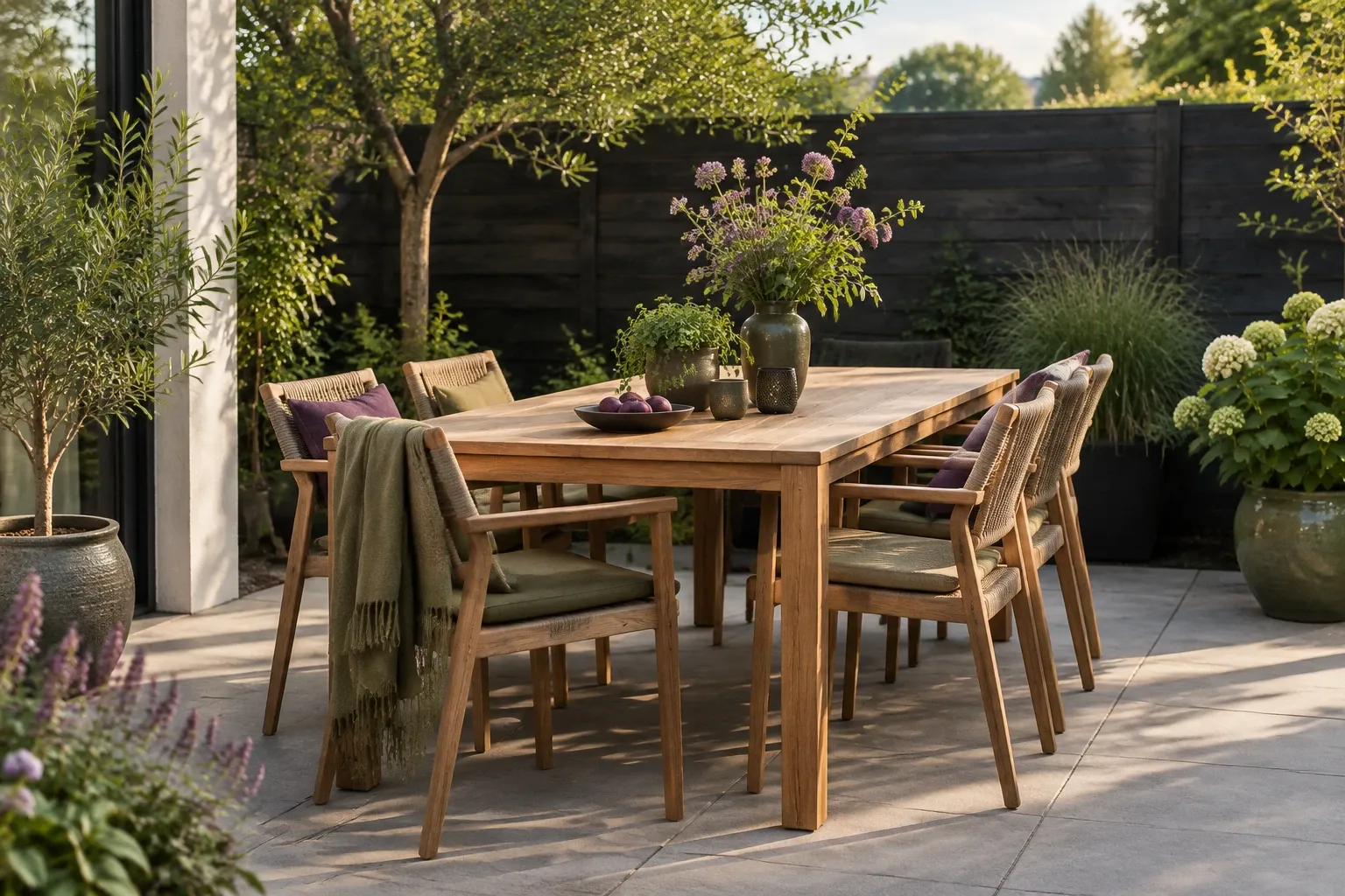 Houten tuintafel met stoelen op een terras voor een donkere schutting