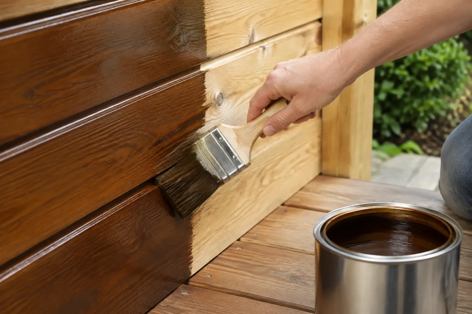 Hand schildert lichte houten schutting bruin met dekkende beits en kwast
