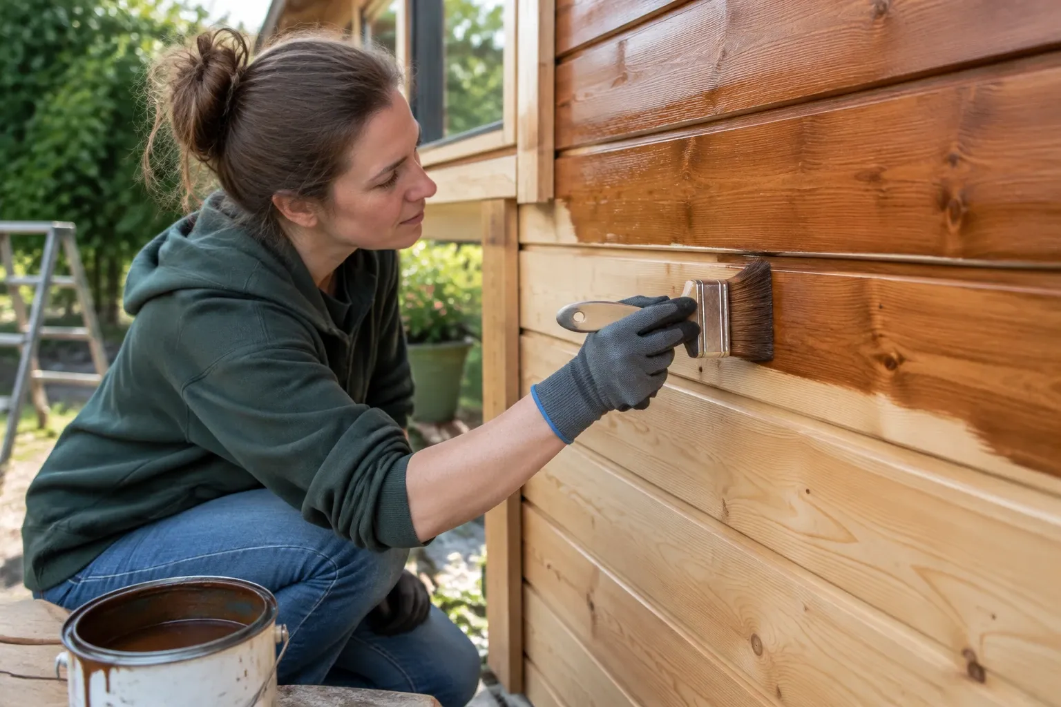 Vrouw die Douglas hout beitst met kwast op buitenwand, ladder en verfbak aanwezig