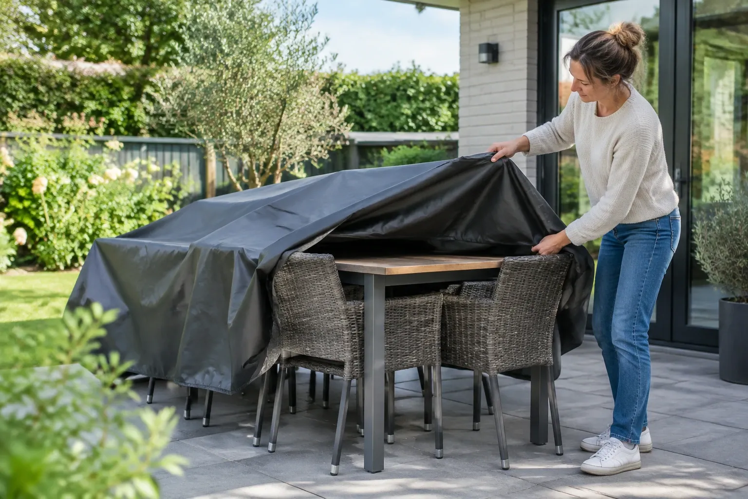 Vrouw trekt zwarte hoes over tuinset met tafel en gevlochten stoelen