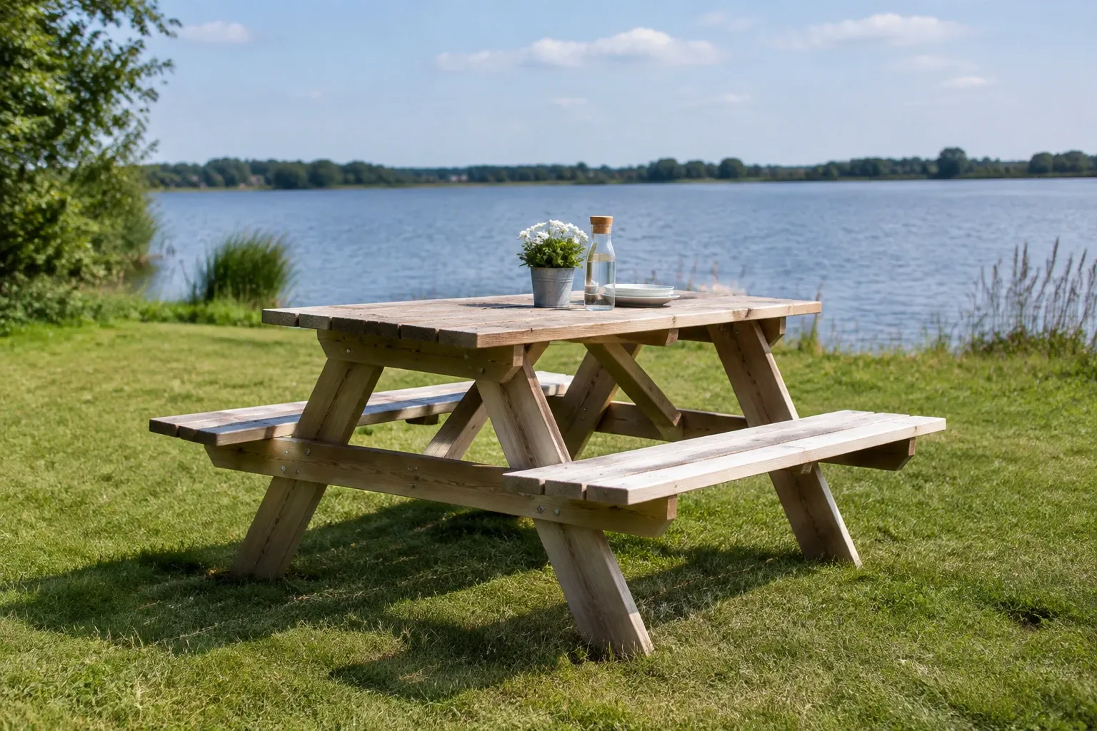 Houten picknicktafel op gras bij een meer, met vaasje bloemen en karaf op tafel