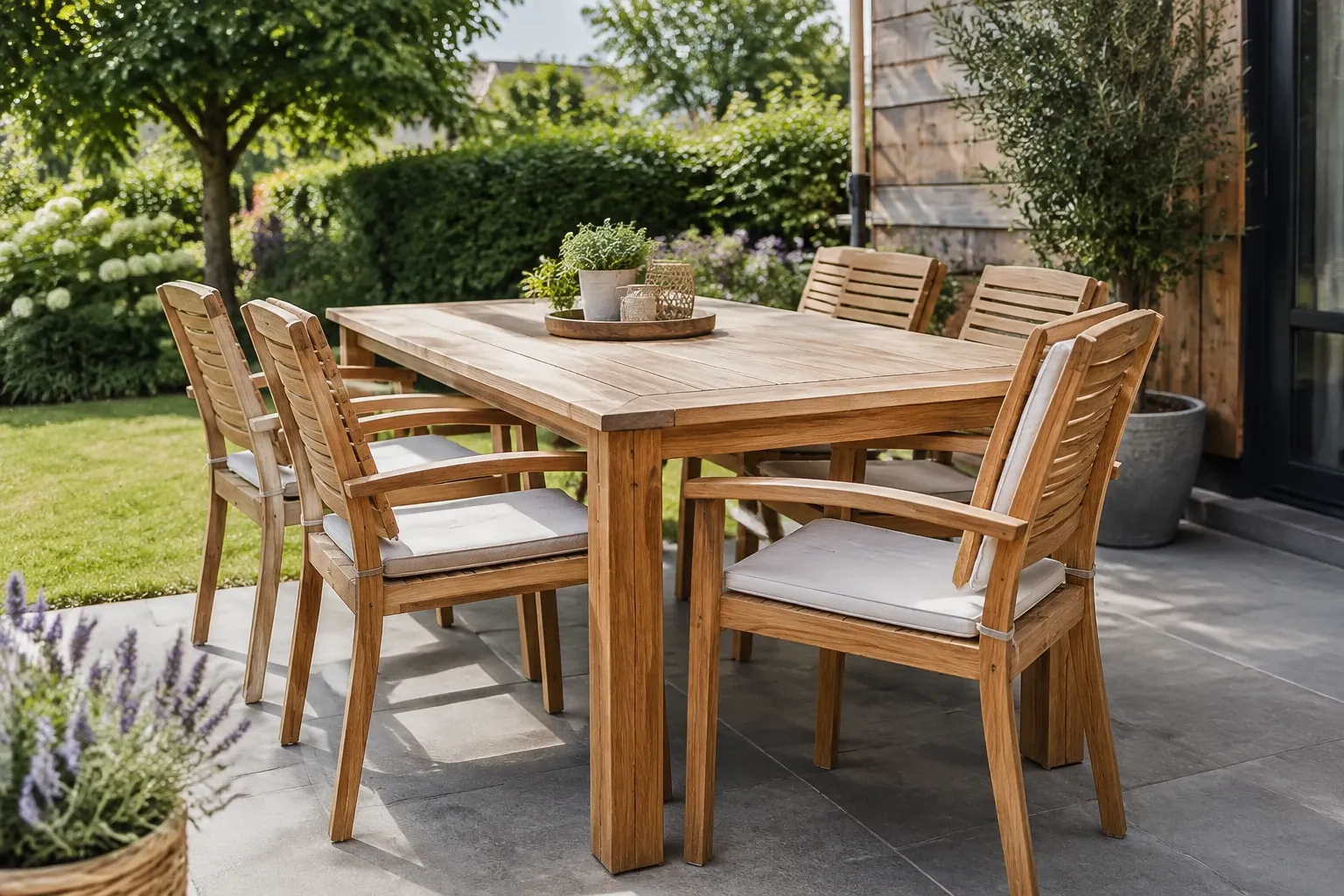 Houten tuinset met tafel en zes stoelen met kussens op tegels, planten rondom