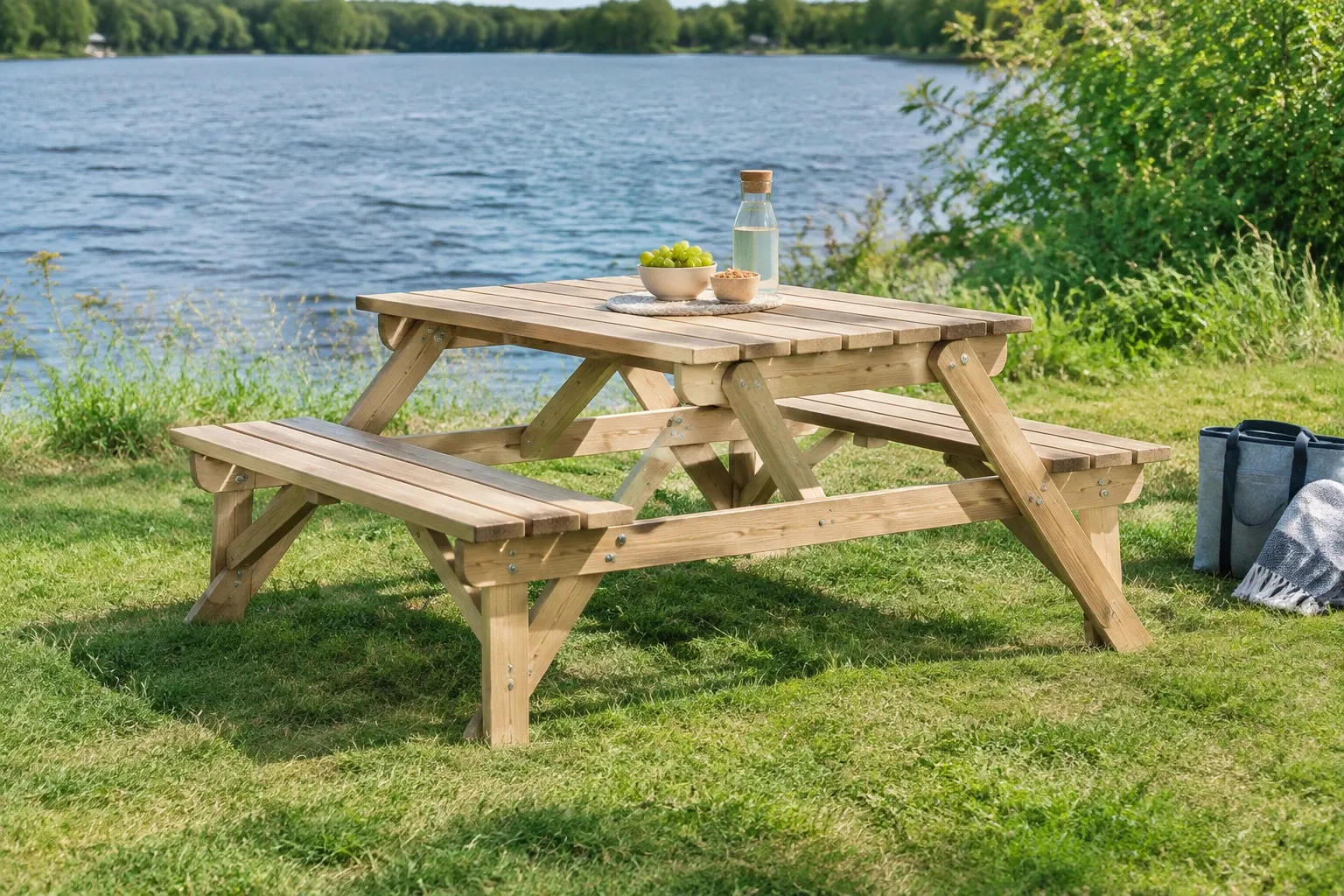Houten inklapbare picknicktafel met waterfles en schaal druiven bij meer
