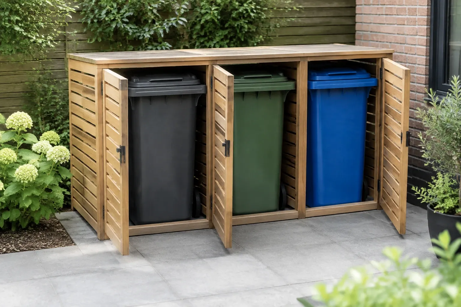 Houten ombouw met drie open vakken en zwarte, groene en blauwe containers