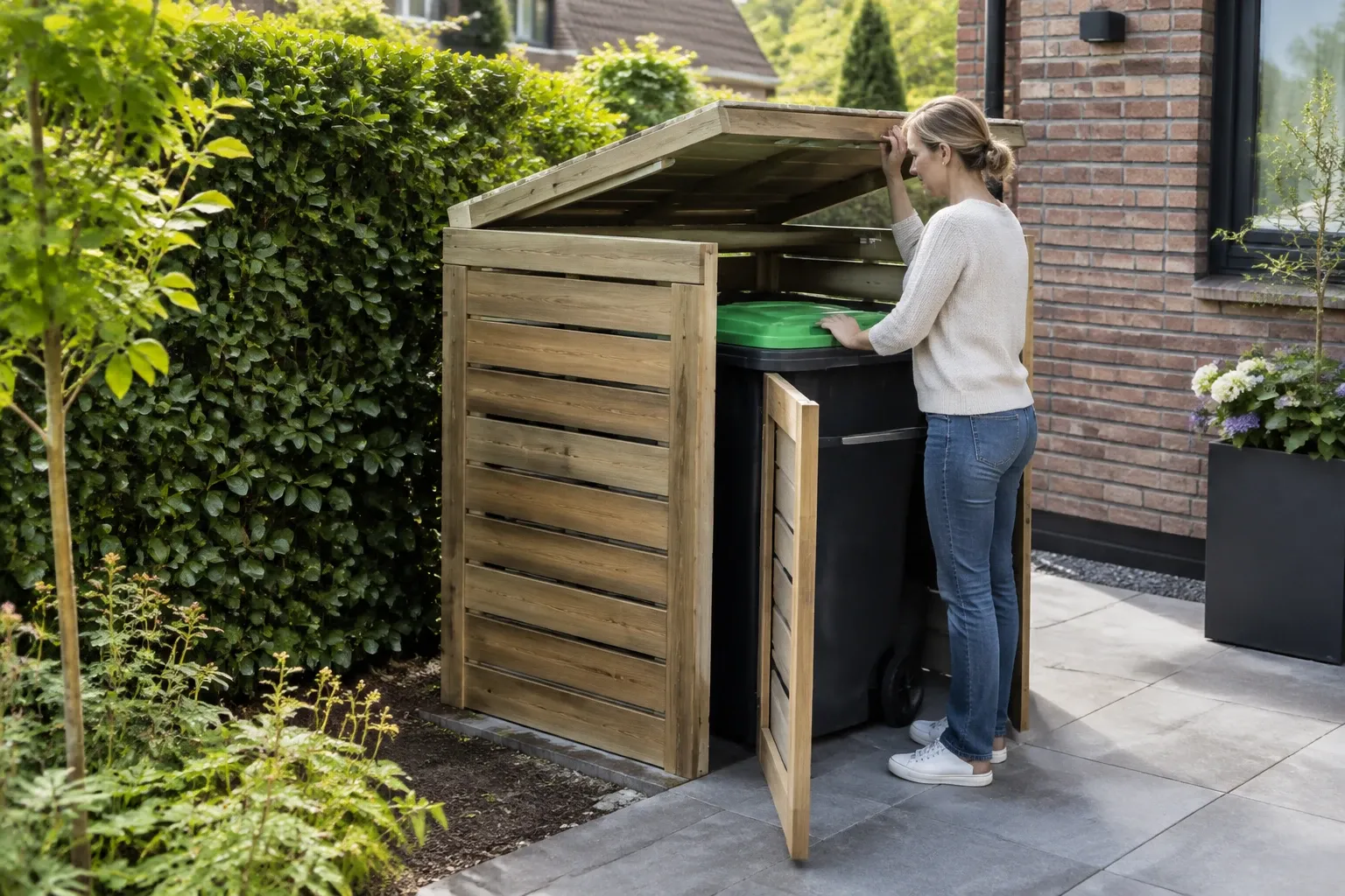 Vrouw plaatst groene kliko in houten klikobox naast huis, zonnige tuinpad verlichting