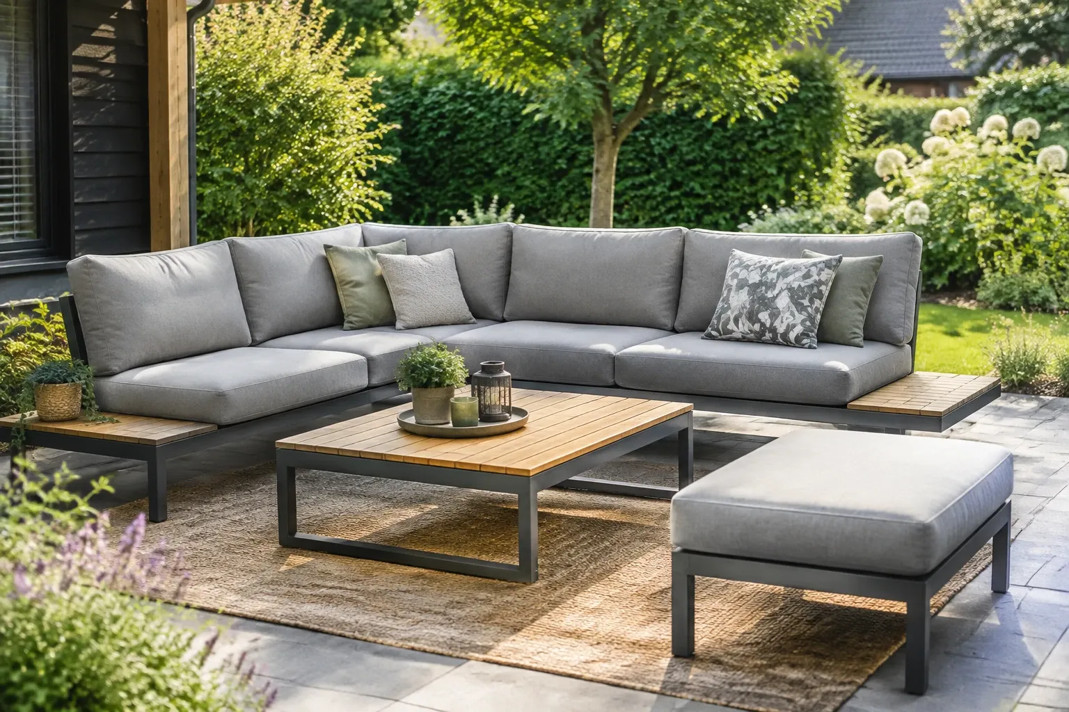 Grijze hoeklounge met kussens en houten salontafel op terrastegelvloer
