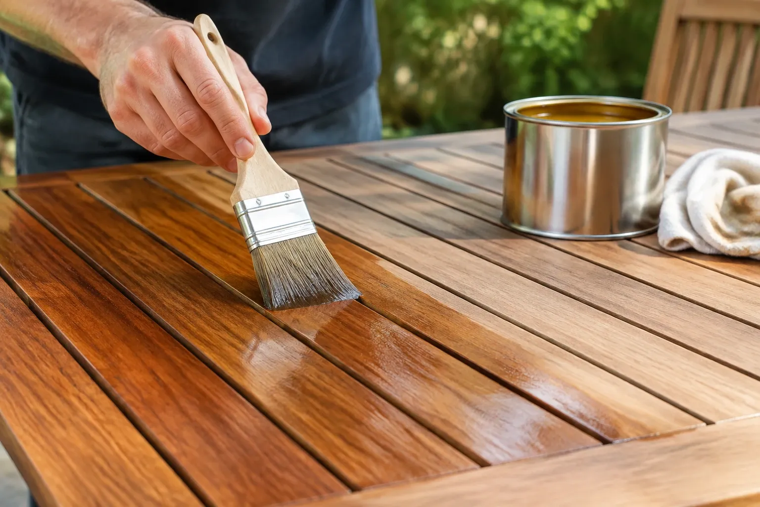 Hand die teakolie met penseel op houten tuintafel aanbrengt