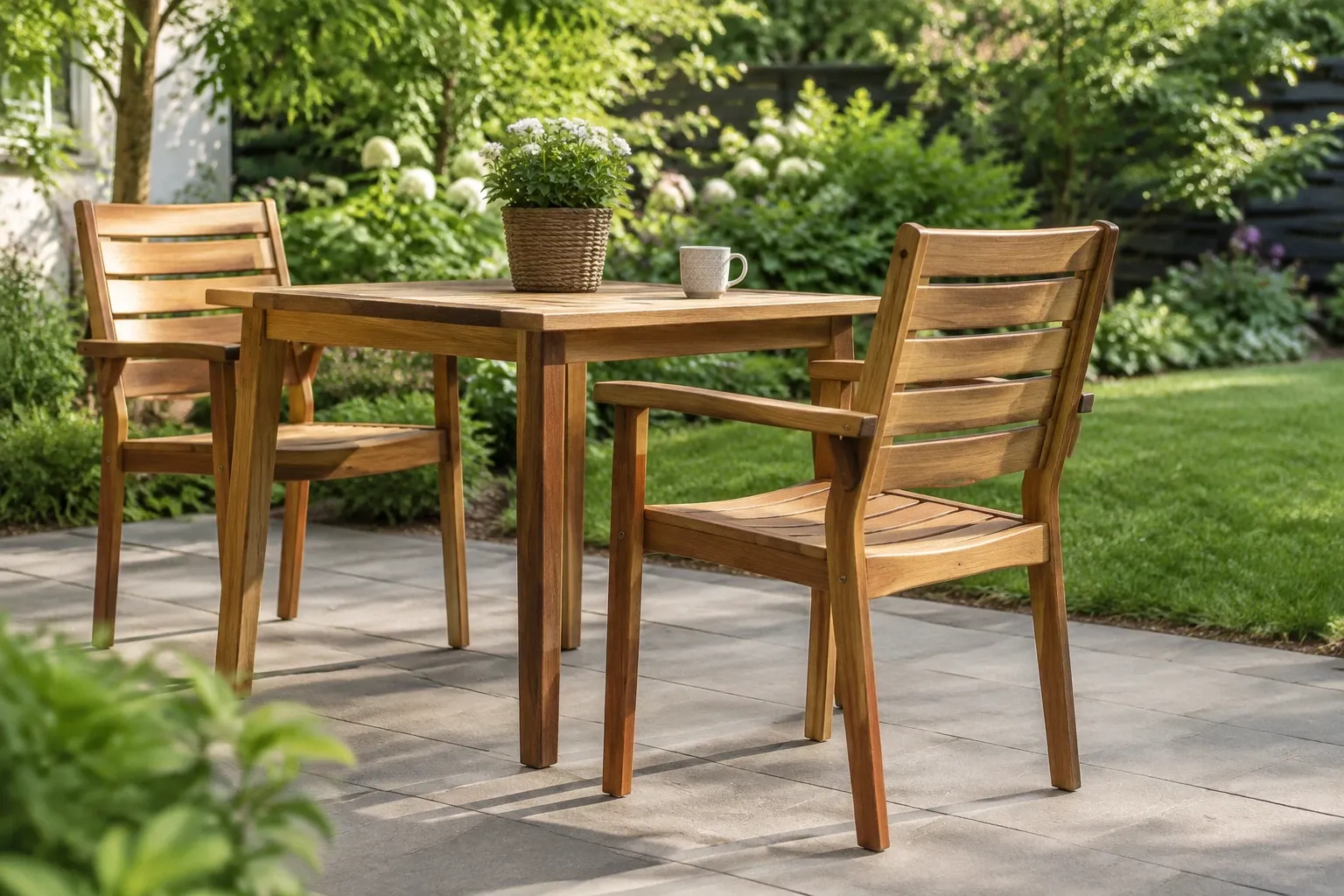 Houten tuintafel met twee houten tuinstoelen, plantenpot en mok op terras